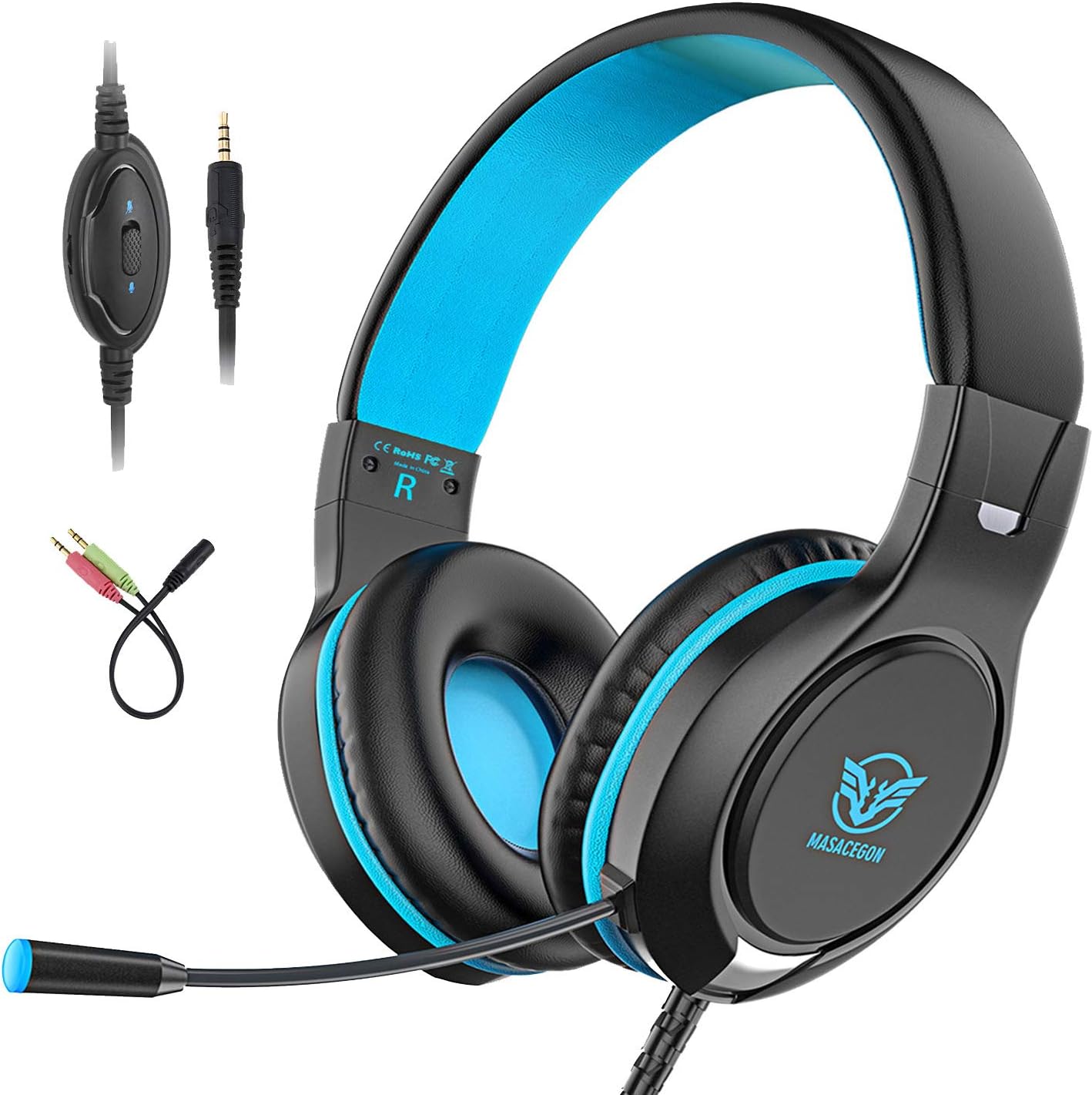 Gaming Headset for Xbox One/PS4/Nintendo Switch/Mac/PC/Smart Phones/iPad, Noise Canceling Bass Surround Sound 3.5mm Jack Over-Ear Game Headphones with Mic (Blue)