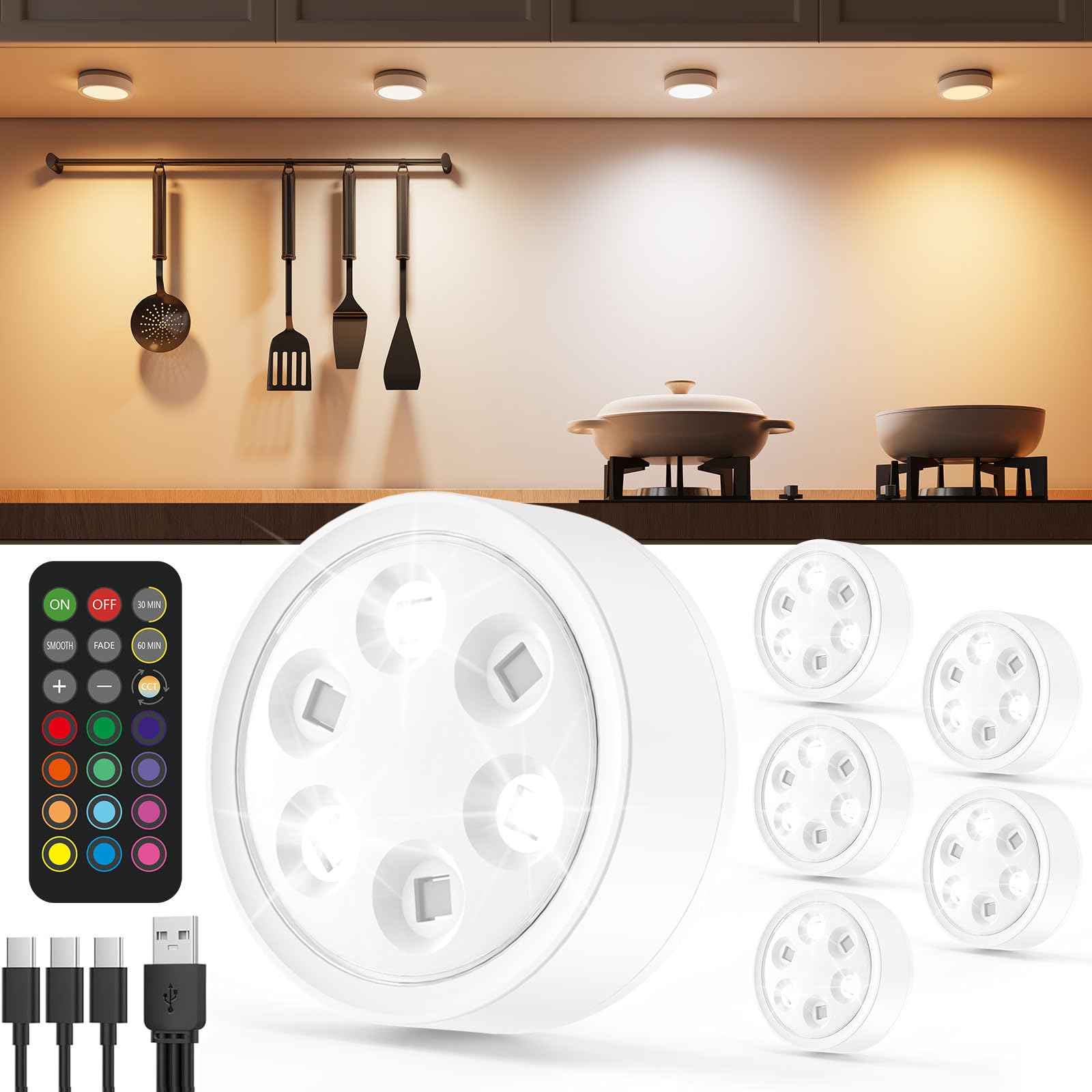 Spot LED Rechargeable USB avec Télécommande 2400mAh RGB Éclairage Vitrine Sans Fil Lampe Placard Adhesive