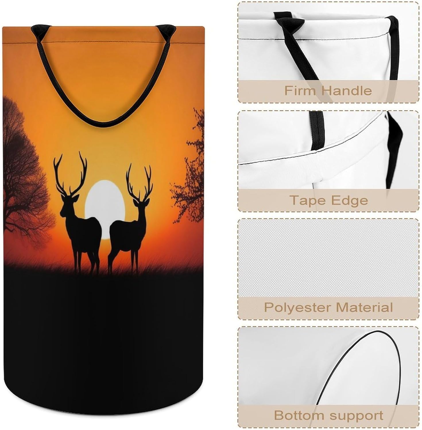 Nature Sunset Deer Laundry Basket Freestanding Laundry Hamper with Handles Waterproof Dirty Clothes Hamper Collapsible Washing Bin Aesthetic Clothes Basket for Bathroom Bedroom Dorm