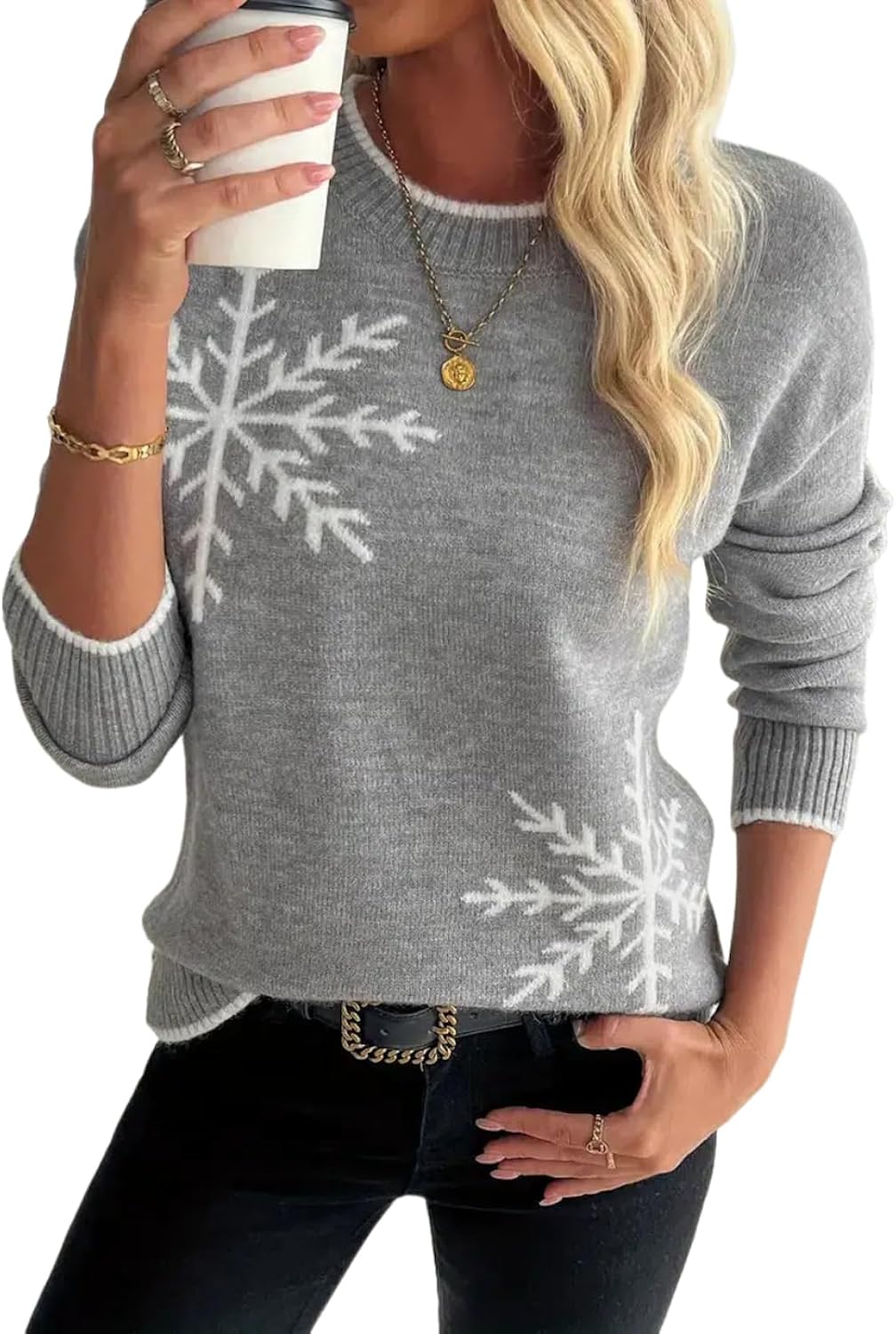 Sweaters for Women Snowflake Crewneck Long Sleeve Loose Fit Sweater Casual Color Block Knitted Pullover Tops