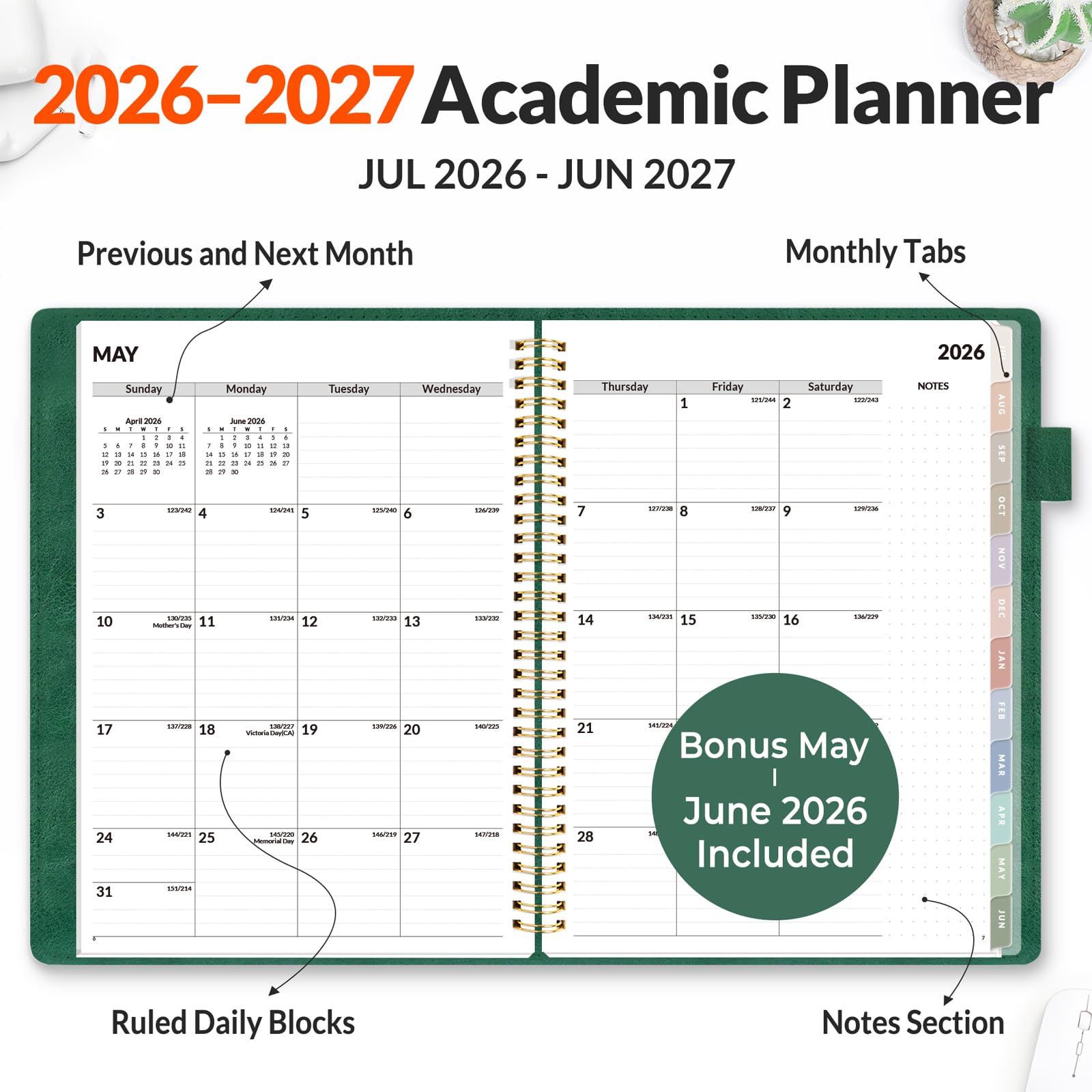 SUNEE Agenda semanal y mensual 2026-2027 de 9 x 11.2 pulgadas, 12 meses (julio de 2026 a junio de 2027), agenda de cubierta de cuero vegano, calendario académico, bolsillo, notas, pestaña mensual
