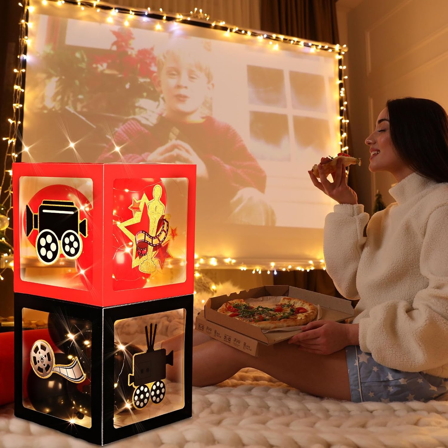 Seenelling 42 Pcs Movie Night Party Decorations Include 4 Film Balloon Boxes 20 Red Black Balloons 4 LED Lights 12 Film Cutouts with 2 Adhesive Dots for Movie Night Party