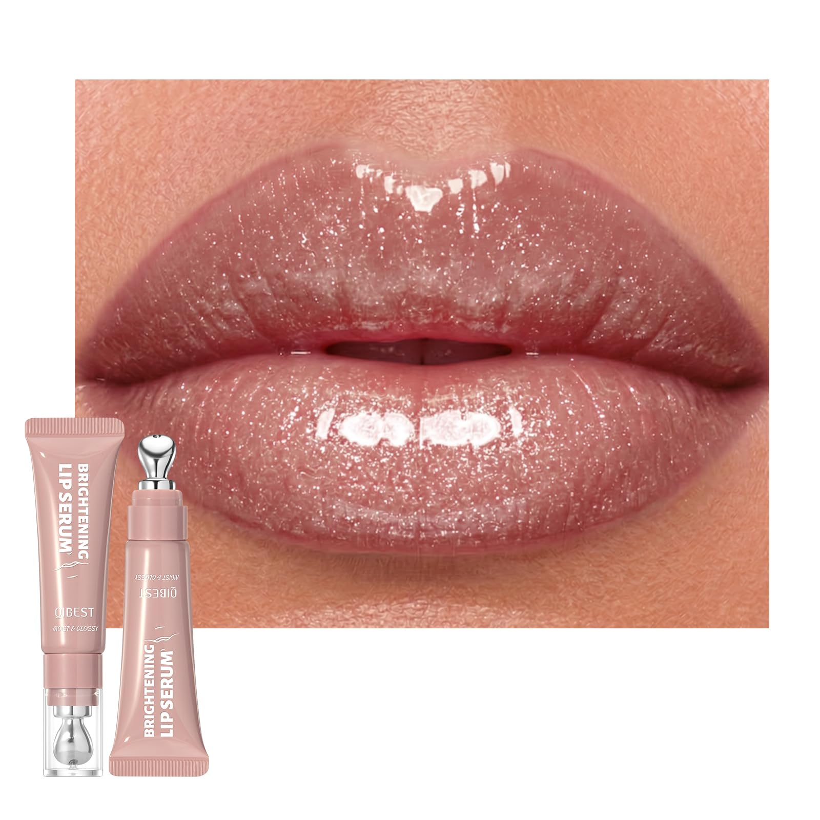 URQT Brightening Lip Serum, Hydrating Glossy Lip Oil with Metal Applicator, Plumping Moisturizing Lip Care Tint, Non-Sticky High Shine Lip Glow for Dry Lips (06# NUDE PINK) 06# NUDE PINK (1PC)