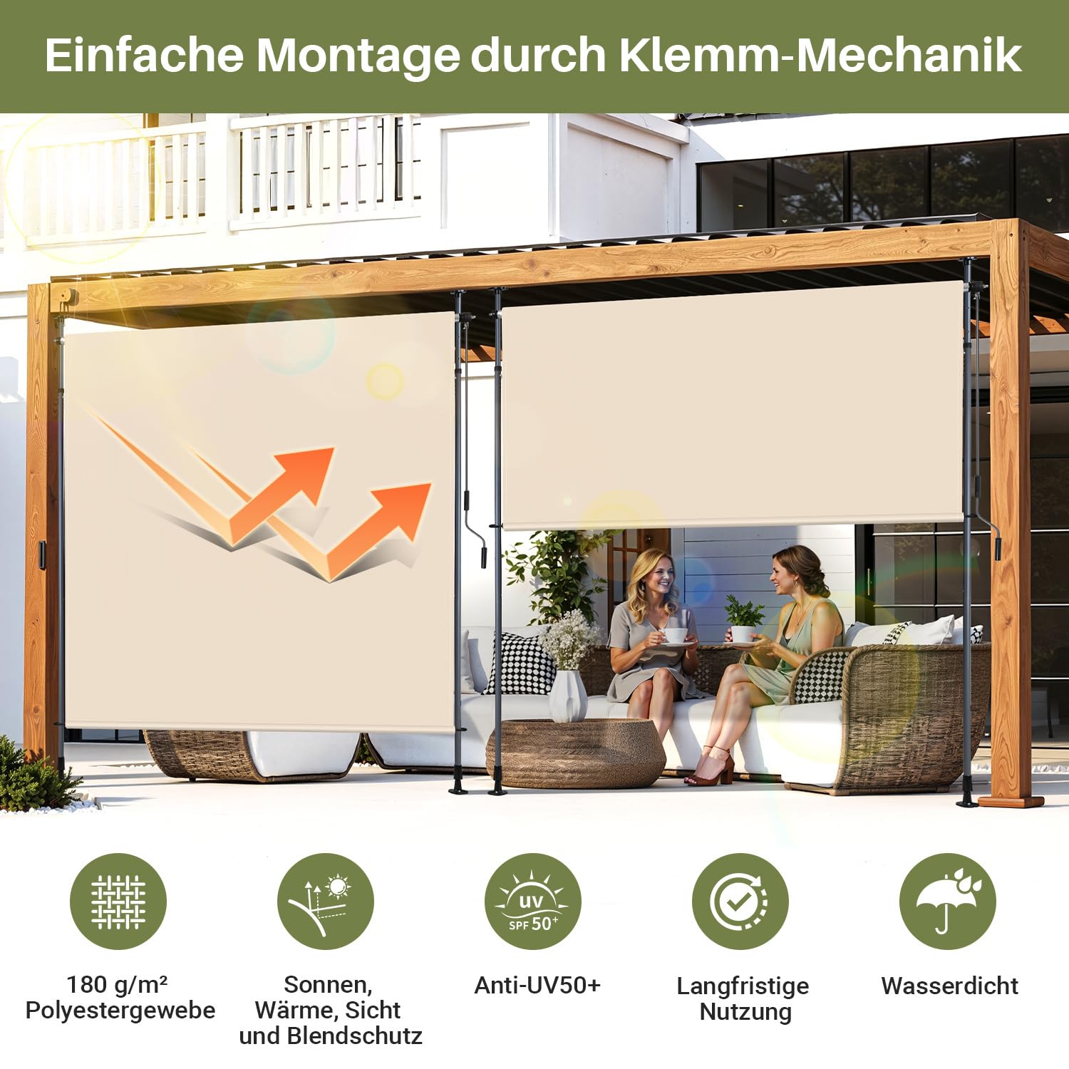 Tenda da sole verticale per esterni 200x270 cm allungabile con morsetto e manovella beige