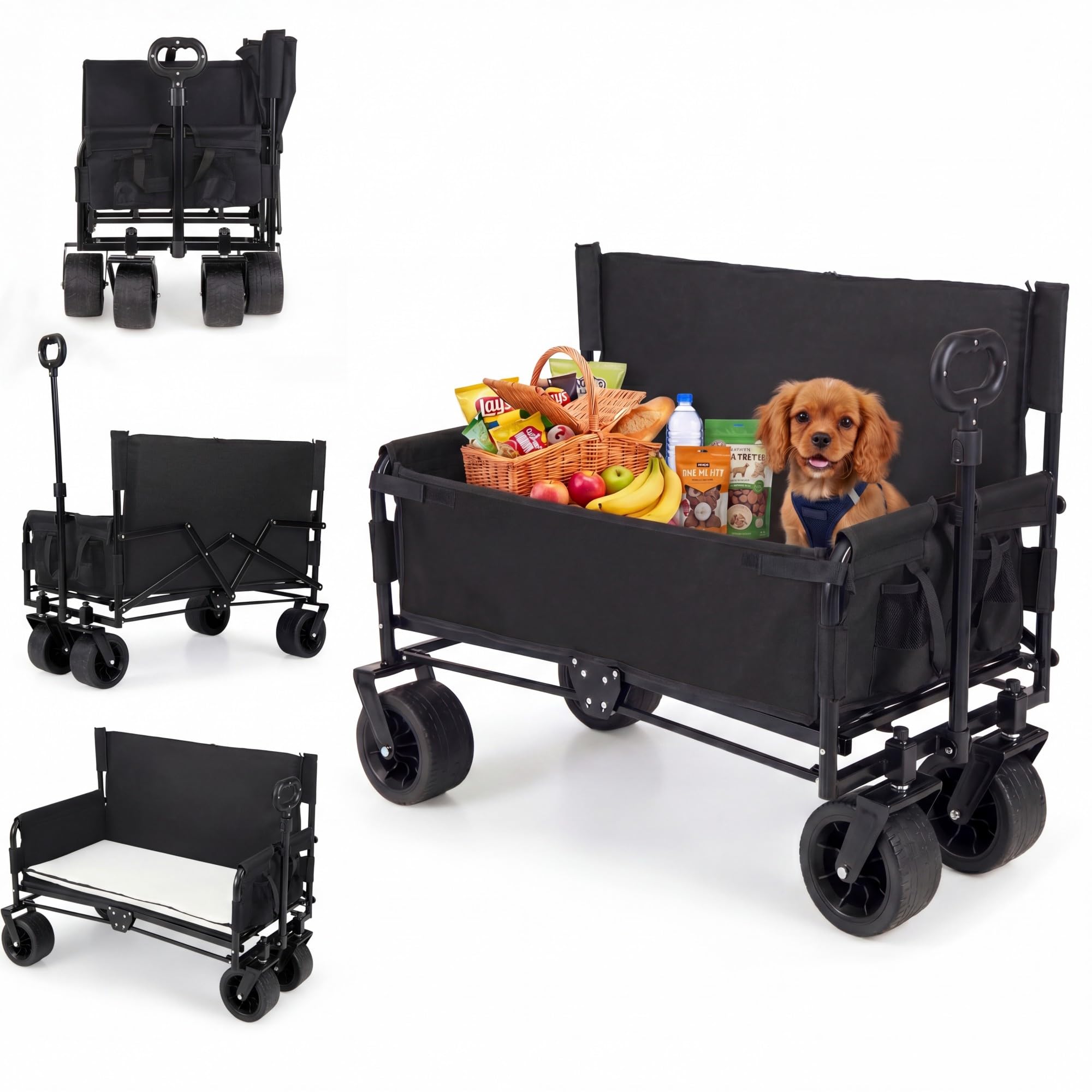 SOARS 2-en-1 Chariot de Plage Pliable avec Banc, Chariot de Transport avec Roues Tout-Terrain et Coussins, Acier Résistant, pour Camping, Jardin, Pêche, 80 KG, 85L