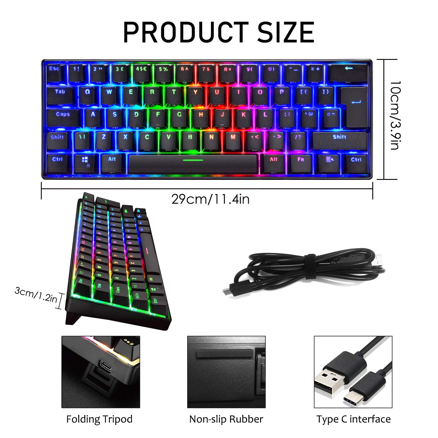 UrChoiceLtd UK61 60% Teclado mecánico para Juegos Tipo C Cableado 61 Teclas Retroiluminación LED Teclado Impermeable USB Retroiluminación RGB Teclas Anti-Fantasma para computadora/PC/Laptop/Mac — view 9