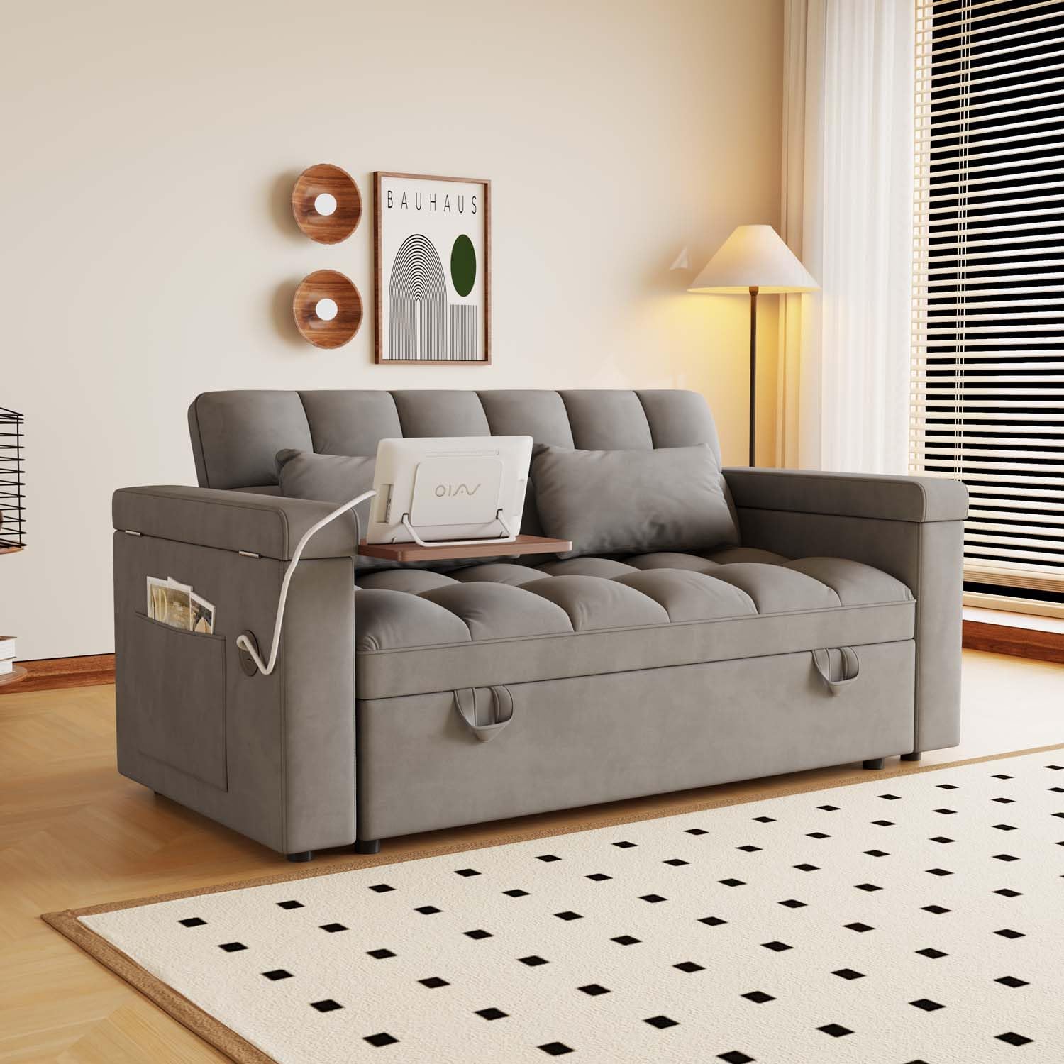 65" Foldable Loveseat Sofa, Modern Velvet Pull Out Couch with Table Board and UAB, Convertible Love Seat Sofa Bed with Adjustable Back and Pillow for Living Room, RV, Small Spaces (Dark Gray, 2 Seat)