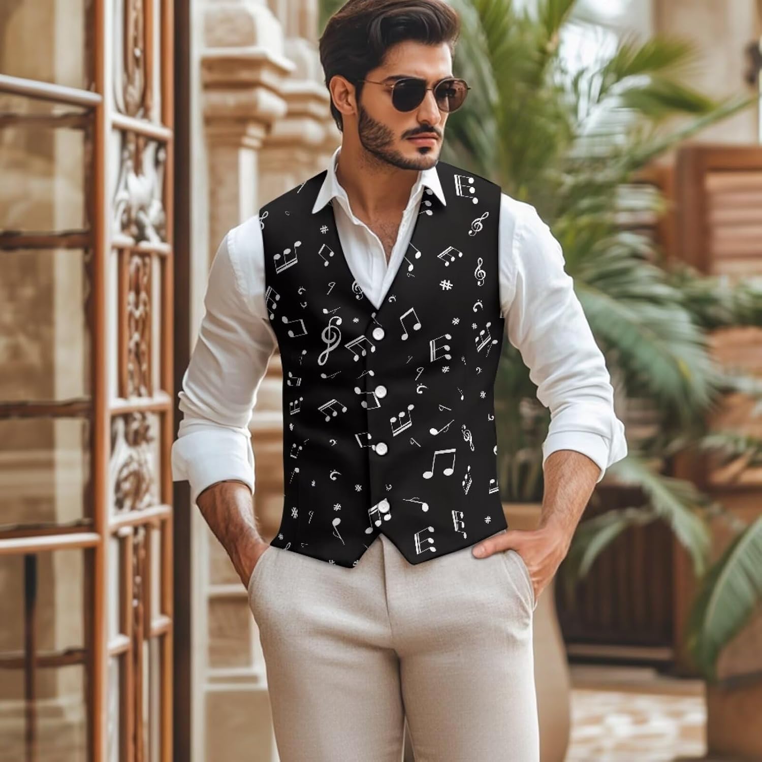 Men's Holiday Suit Vest Lightweight Waistcoat Slim Fit Jackets V Neck Button Down Vest for Festivals