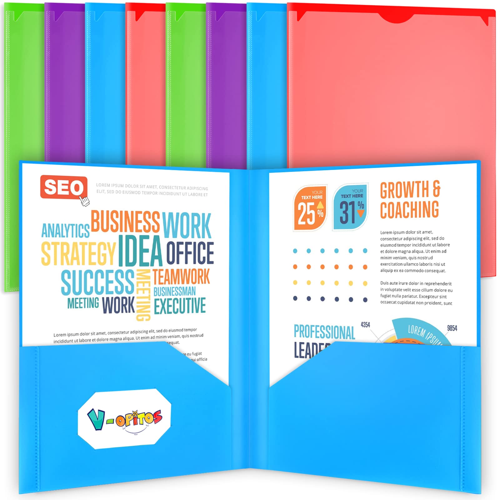 V-Opitos 8 Packs Plastic 2 Pocket Folders with Front Clear Pocket in 4 Colors, Heavy Duty Folder with Pocket, Durable and Sturdy Bulk Folders for School and Office Supplies