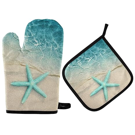 QUGRL Ocean Beach Starfish Oven Mitts and Pot Holders Sets Sea Water Wave Hot Pads Heat Resistant Cooking Gloves Handling Kitchen Cookware Bakeware BBQ