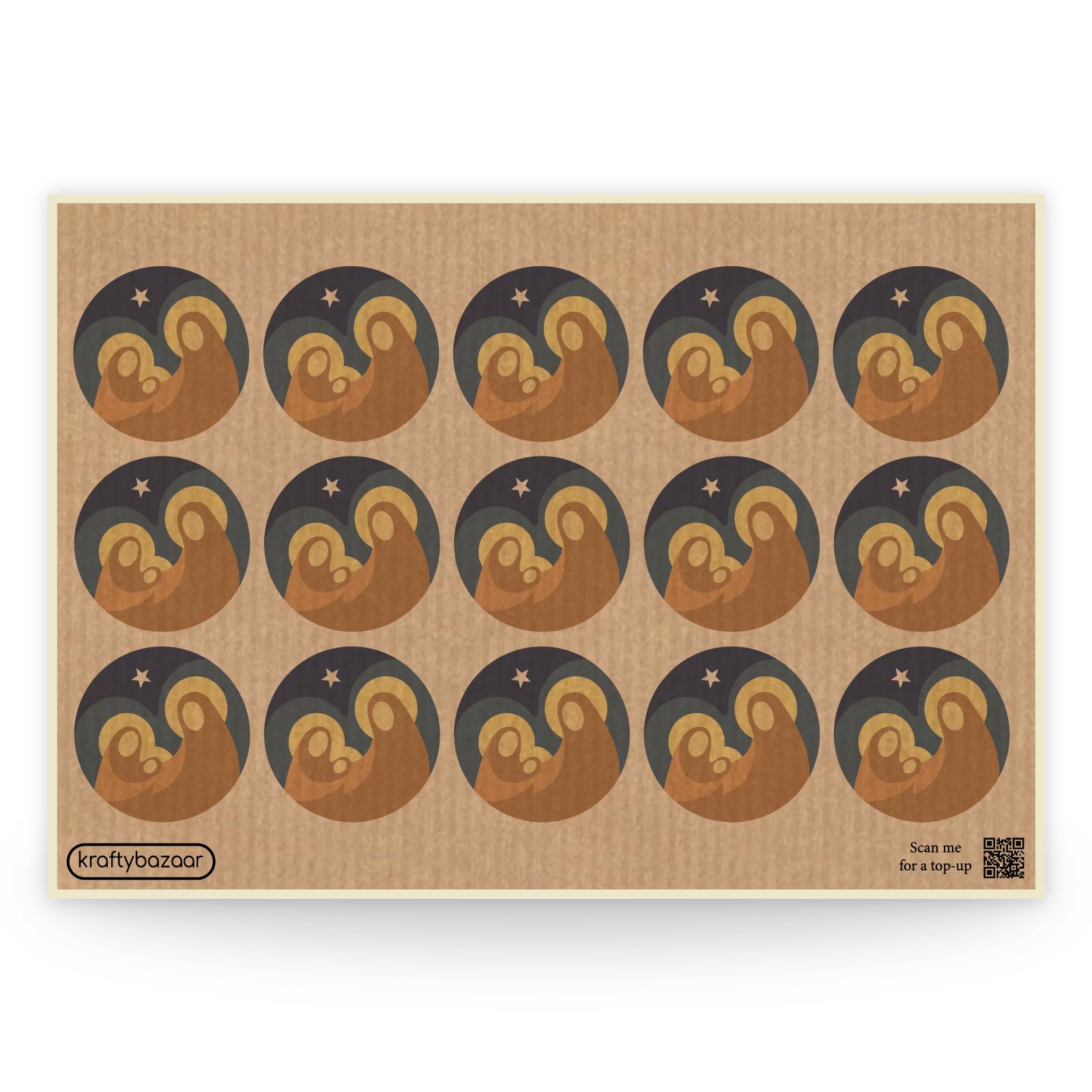 Pack of 450 Minimalist Christmas Nativity Scene Kraft Paper Labels - 37mm Round Self-Adhesive Nativity Stickers - Multipack Festive Stationery Craft Decor Vintage Christmas Labels