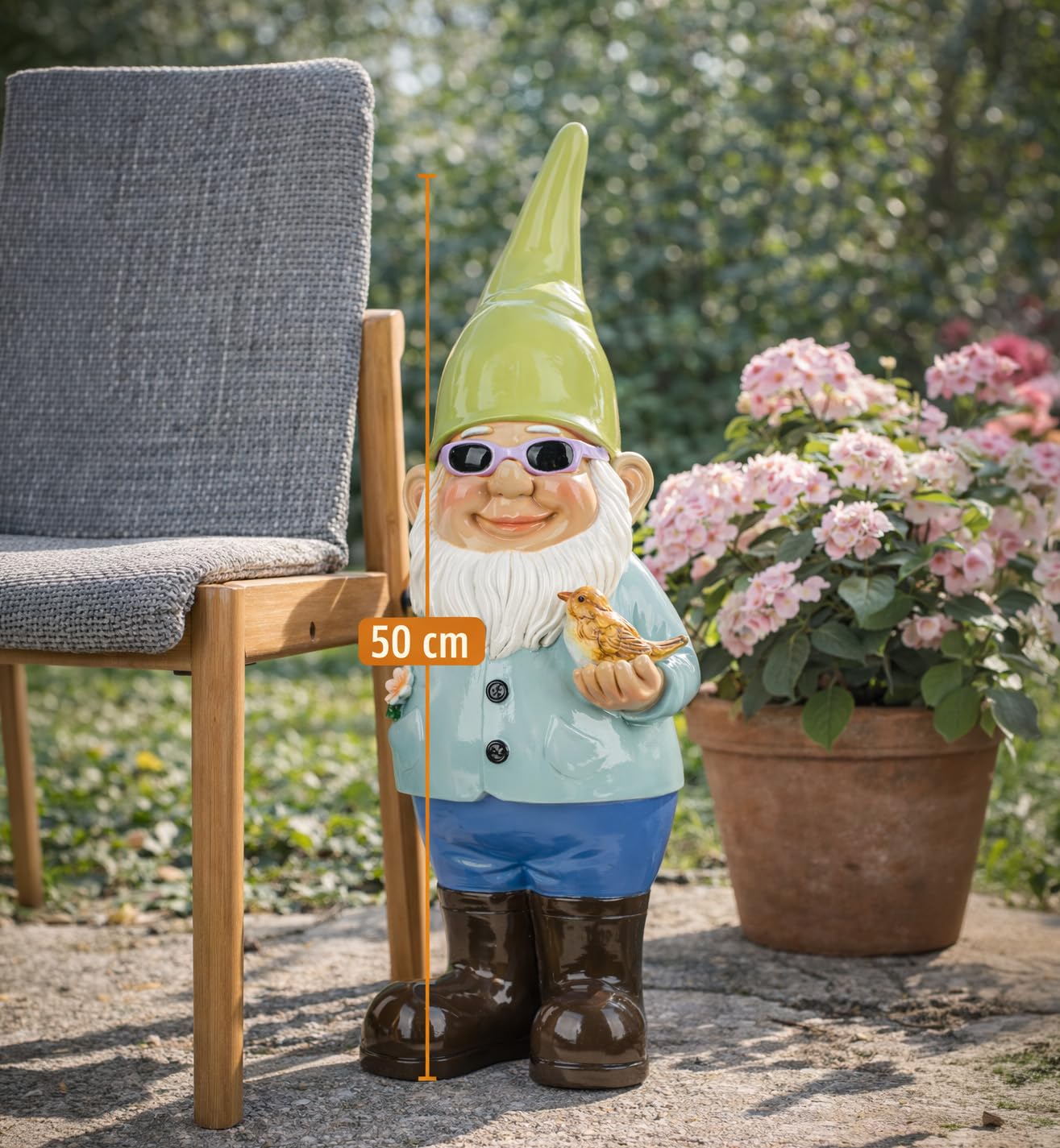 formano Krasnal ogrodowy, 50 x 18 cm, dekoracyjna figurka ogrodowa ze sztucznego kamienia, krasnal z ptakiem i okularami przeciwsłonecznymi, ręcznie malowana, błyszcząca powierzchnia, odporna na