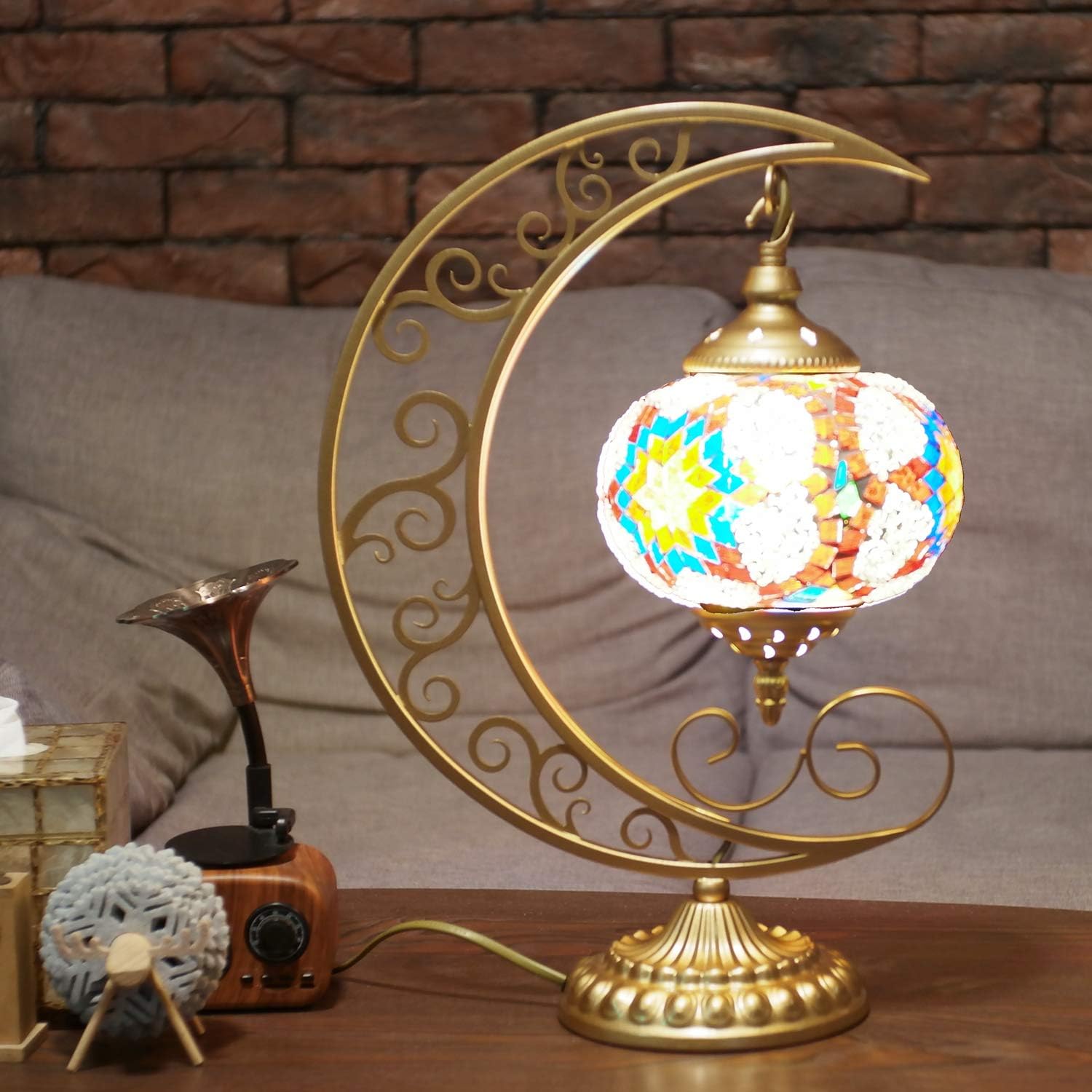 Blасk Frіdау - 50% оƒƒ Turkish Mosaic Lamp COMMODA Stunning Handmade Moon Shape Turkish Moroccan Mosaic Glass Table Desk Bedside Lamp Light Gold Base Unique Table Lamp Room Decoration (Orange)
