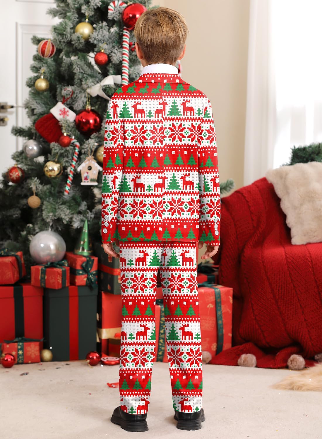 Big Boy Christmas Warm Outfit Funny Holiday Ugly Print Xmas with Blazer Jacket Pants & Tie Red & White 14 Years