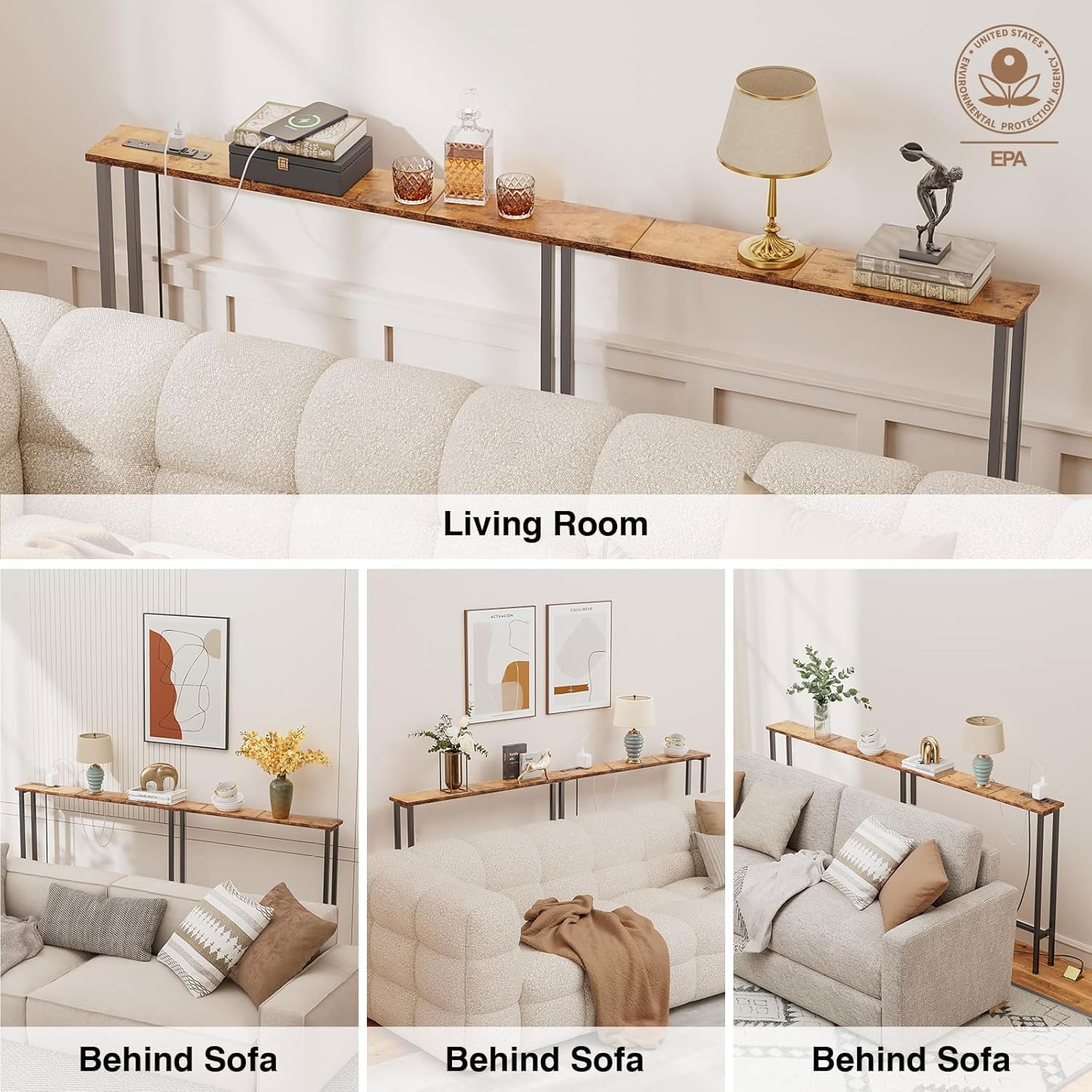 70" Narrow Console Sofa Table - Power Outlets & 2 USB Ports, Metal Frame, Rustic Brown, Perfect for Hallway, Office, and Behind Sofa - Easy Assembly, 4.9' Extension Cord Included