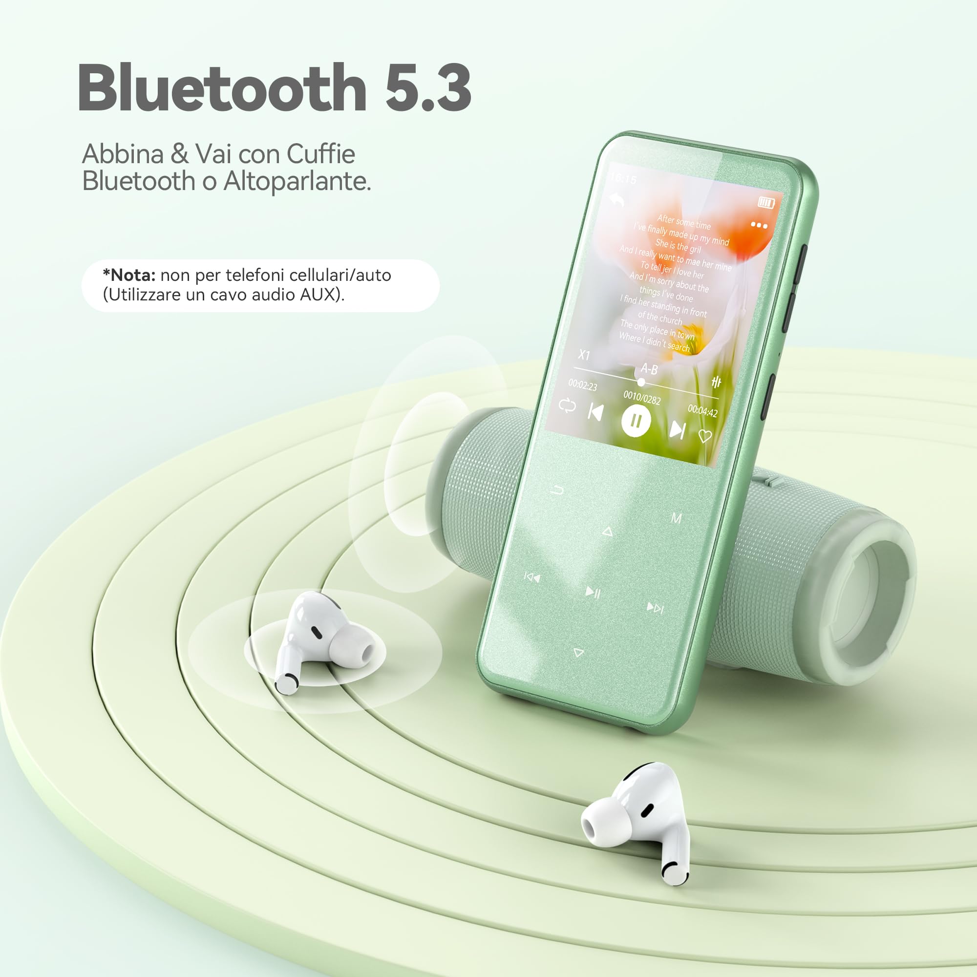 AGPTEK Lettore MP3 Bluetooth 5.3, Lettore Musicale da 64 GB in Metallo, Schermo da 2,4", Qualità Sonora HiFi, MP4 con Pulsanti Touch, Altoparlante, Radio FM, Registratore, 60 Ore di Musica, Verde
