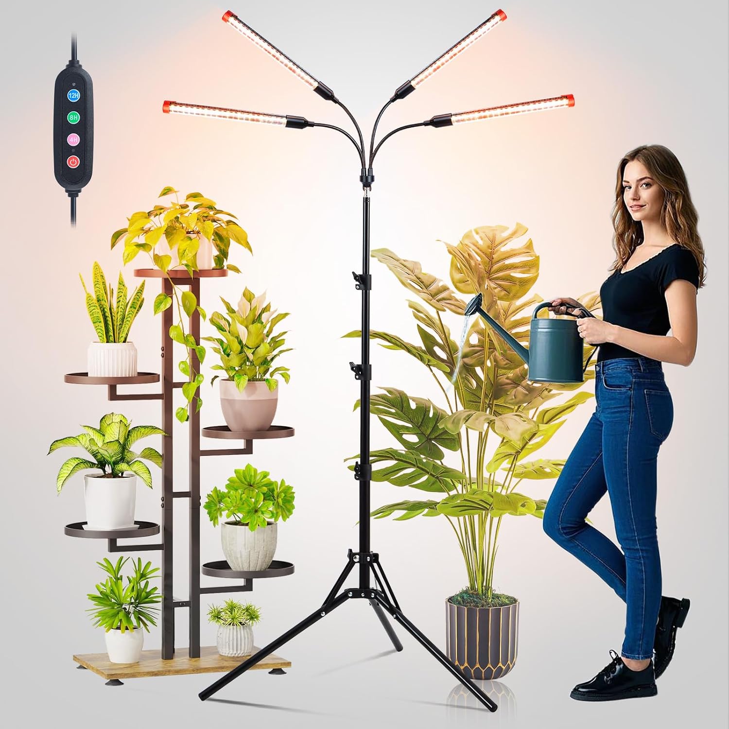 FECiDA Gamechanger! 36 Watt Power Draw, NO Need Adapter, 4Head Grow Light with Tripod Stand, 2026 Big Coverage LED Grow Lights for Indoor Tall Plants, Bonsai Tree, 4/8/12/16/20H Timer - Image 3