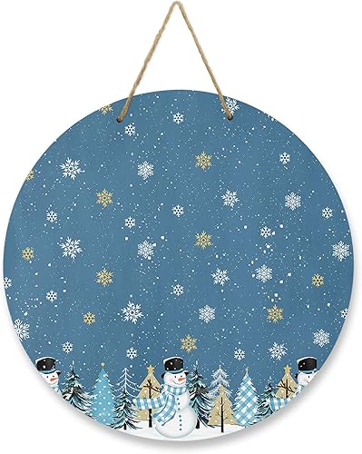 Letrero de bienvenida de temporada para puerta delantera, muñeco de nieve, árbol de Navidad, copo de nieve, color azul, coronas redondas de madera,