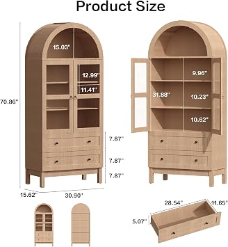 71 Tall Arched Kitchen Pantry, Storage Cabinet with Glass Doors, 2 Large Drawers & 3 Adjustable Shelves, Modern Farmhouse Design for Home Kitchens, Small Homes & Apartments