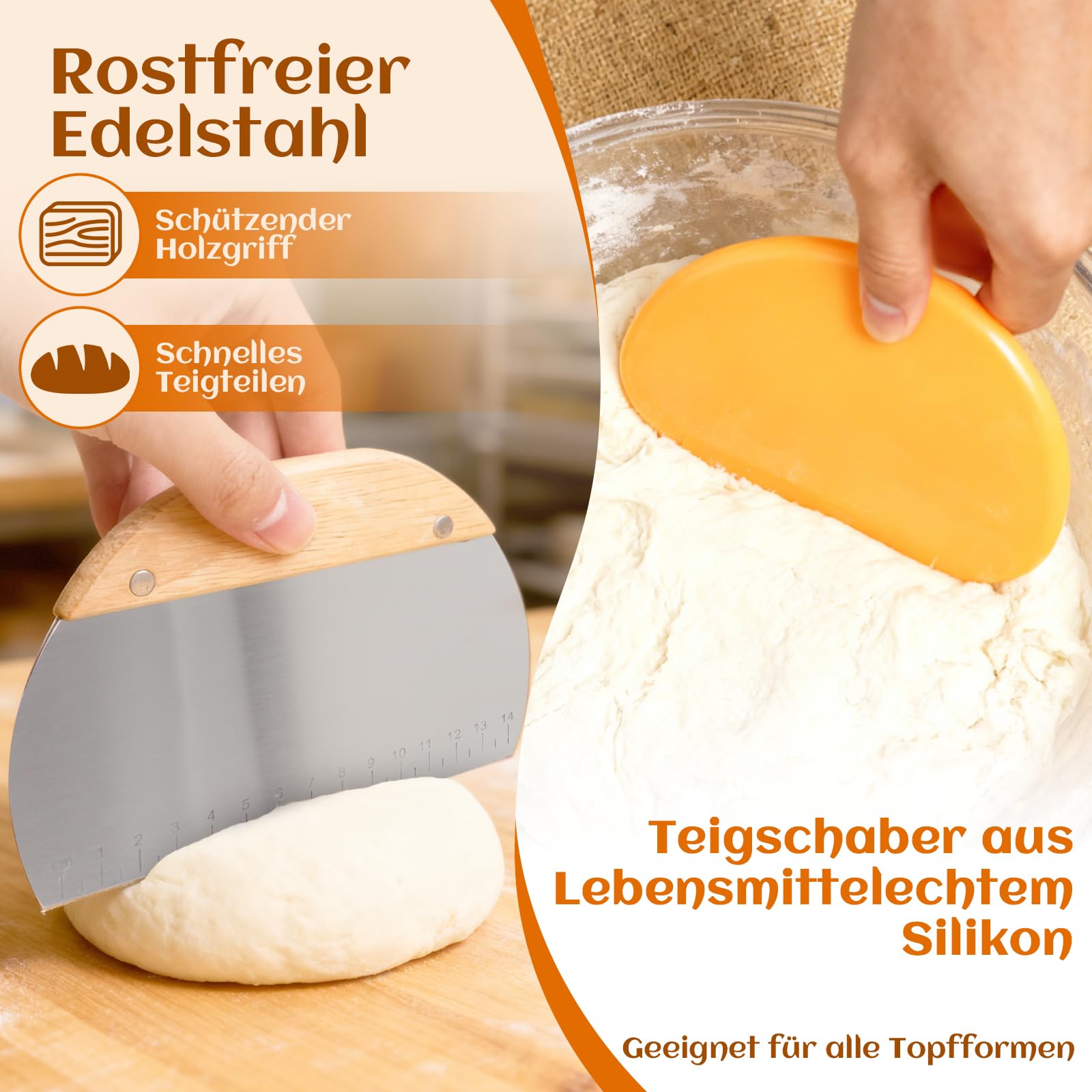 Gärkörbchen Für Sauerteig Starter Set, Gärkorb (23cm rund & 25cm oval),100% natürlichem Rattan, inkl. Teigschaber, Leineneinsatz, Teigrührer & mehr | Professionelles Brotbackzubehör (Orange)