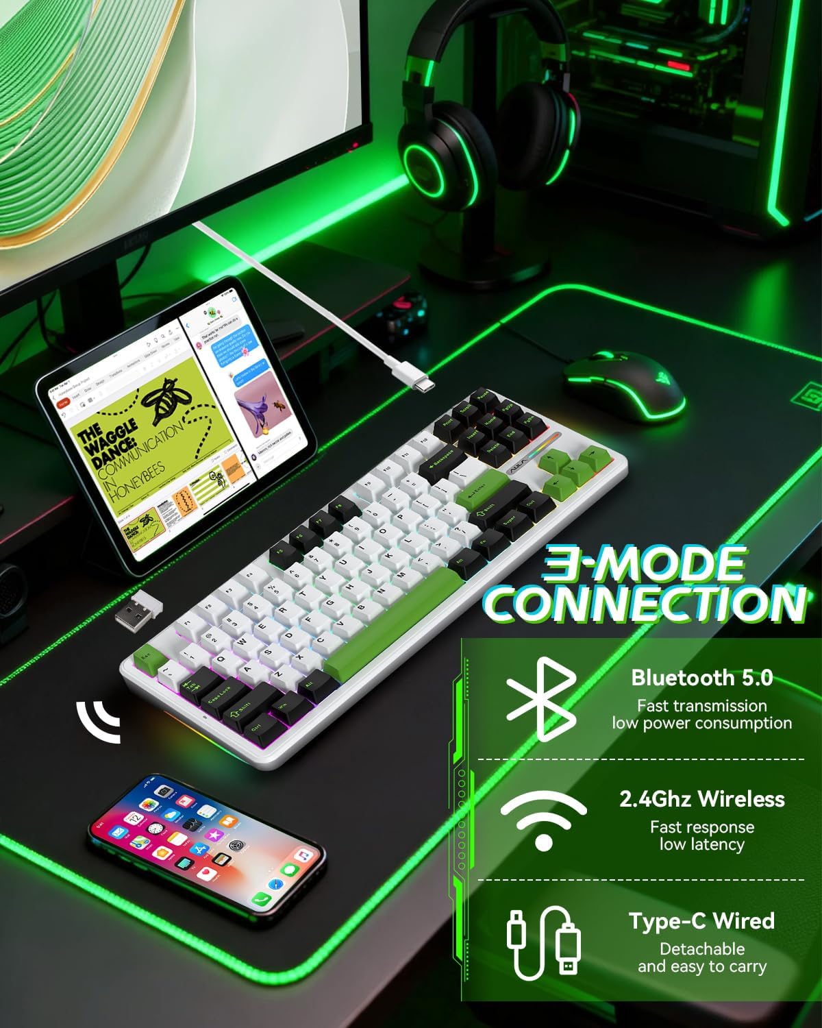 AULA F87 Pro Wireless Mechanical Keyboard, Gasket Mount Hot-Swappable Custom Gaming Keyboard with 4000mAh Longest Battery - Tri-Mode BT/2.4Ghz/USB-C, Pre-Lubed Linear Switches, RGB for PC/Mac/PS5/Xbox - Image 4