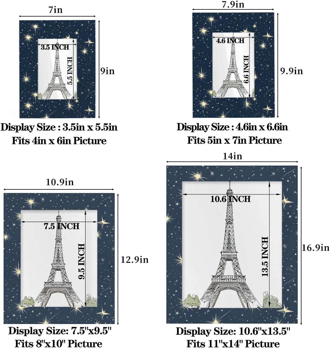 Stars and Moon Picture Frame 8x10, Night Starry Sky 8x10 Photo Frame Horizontal and Vertical Display 8 by 10 Wooden Picture Frame for Wall Hanging and Tabletop Display