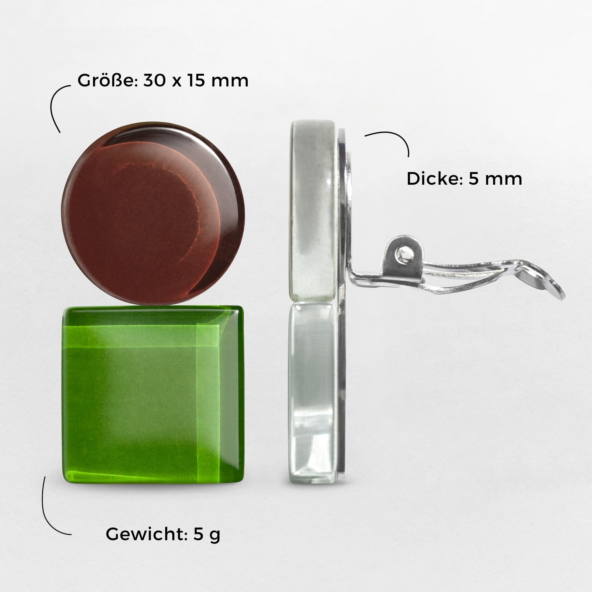 Geometrische Clip Ohrringe ohne Ohrlöcher • Bauhaus Design Ohrclips in 16 Farbvarianten • Statement Schmuck aus Glas • nachhaltig & handgemacht • 30x15x4mm (Kaffeebraun & Grasgrün)