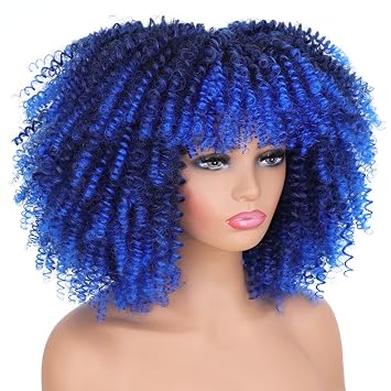 YOO Afro Kinky Curly Wig For Black Women Glueless HighTemperature Synthety Full Hair Wigs dark blue
