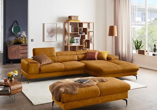 Fabrique Hembrella 6 Seater lshape Dark Yellow Suede Fabric Sofa Set with Ottoman (LHS)