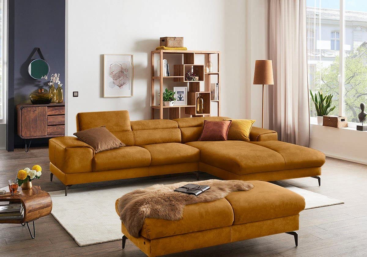 Fabrique Hembrella 6 Seater lshape Dark Yellow Suede Fabric Sofa Set with Ottoman (LHS)