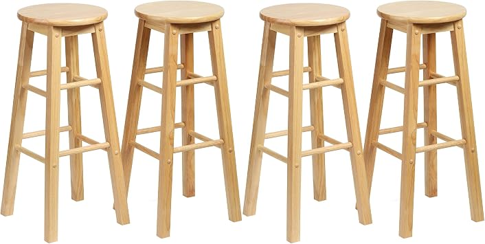 PJ Wood Classic Round Counter Stool, 29 in, Natural, Set of 4 | Solid Hardwood, 225 lb Capacity, Backless Design, Square Legs, 8 Footrests, Assembly Required