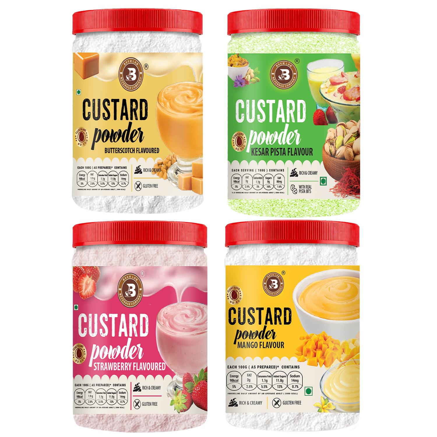 Brew Lab Custard Powder Dessert Mix | Gluten Free,Eggless & Rich Creamy Custard | 4 Flavours – Vanilla, Strawberry, Butterscotch, Kesar Pista | 75 g Each (Pack of 4)-image-41