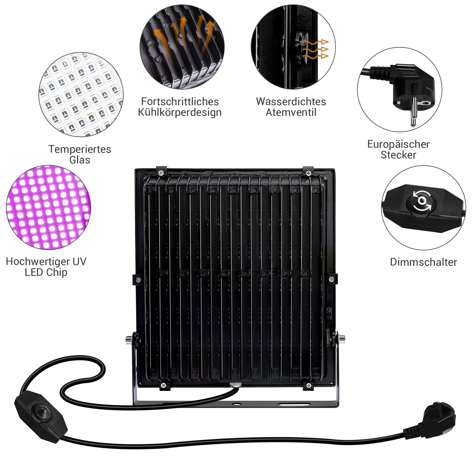 Lumiere Noire LED 300W Avec Fiches de Commutation à Intensité Variable, Projecteur LED UV Extérieur 395-400nm Lumière Noire Ultraviolet pour Soiree Fluo, Body Painting, Halloween (Lot de 2)