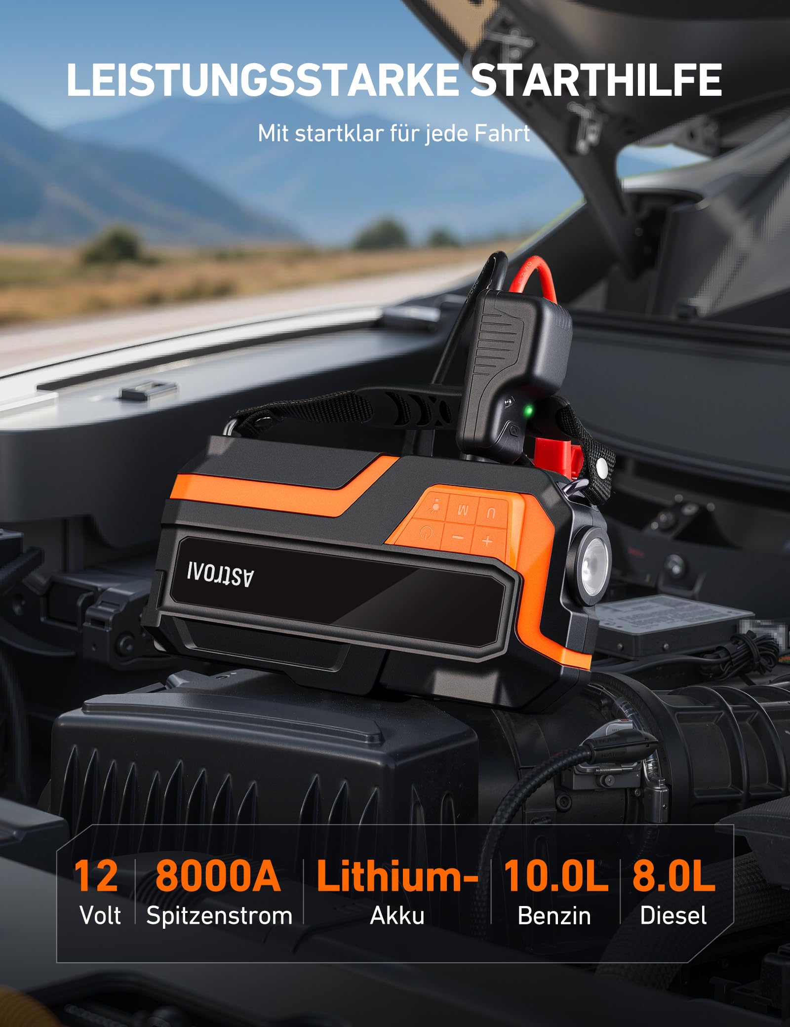AstroAI Auto Starthilfe Powerbank für pkw mit 150PSI Kompressor, 8000A Starter Powerbank für 10 L Benzin / 8 L Diesel,für 12 V Autos, Motorräder, SUVs, Booster Auto Starthilfe mit LED-Display, Orange