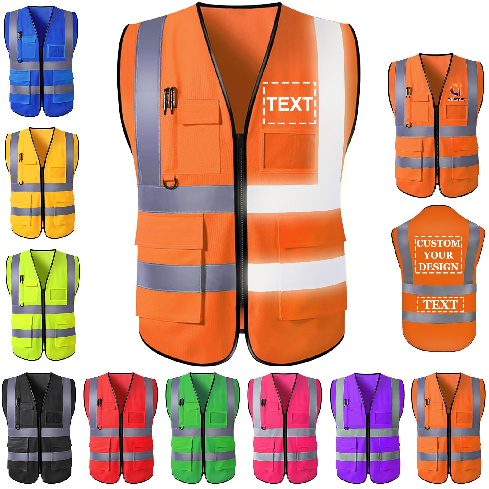 Farmelov Custom Safety Vest for Men with Logo Pockets Personalized High Visibility Protective Workwear with Reflective Strip