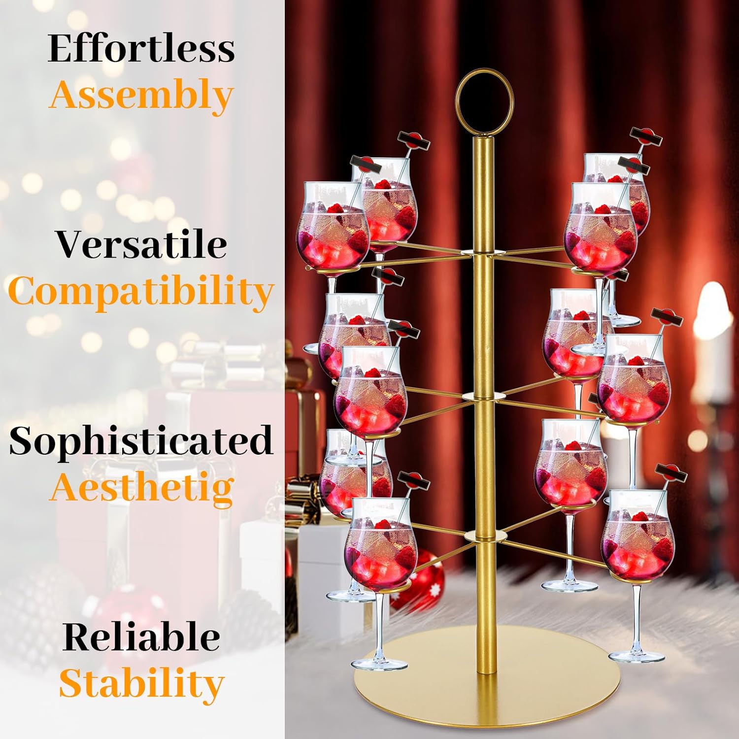 Cocktail Tree Stand, Metal Drink Tower, 3 Tier - 12 Holders For Champagne, Martini, Margarita Cups - Gold