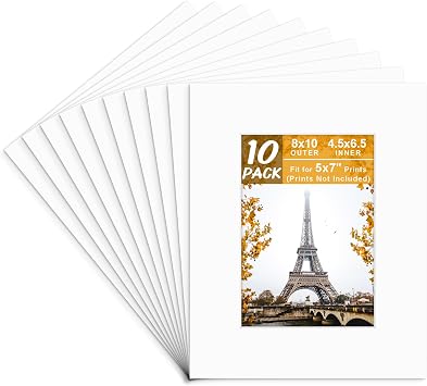 Golden State Art, 10 Pack 8x10 White Picture Mats for 5x7 Pictures | Acid Free White Core Bevel Cut Picture Matting with 4.5" x 6.5" Opening for 5x7 Photos