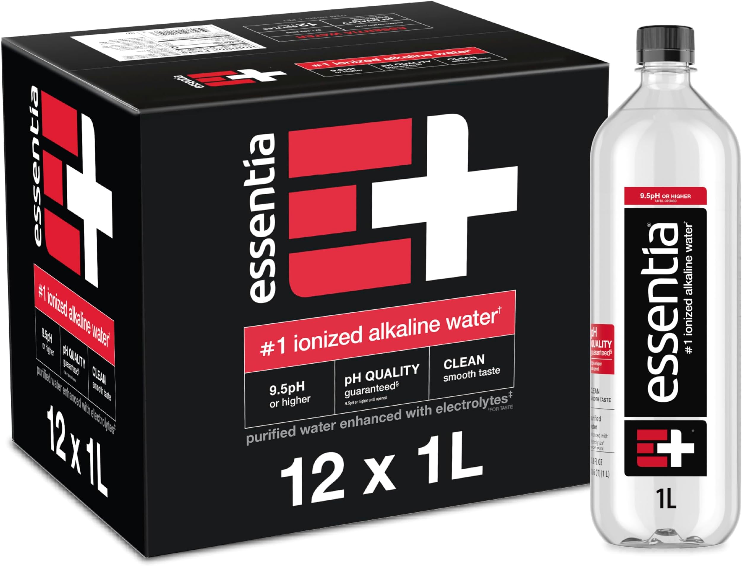 Essentia Water Bottled, 99.9% Pure, Infused with Electrolytes for Smooth Taste, pH 9.5 or Higher, 12 x 1 Liter Bottles