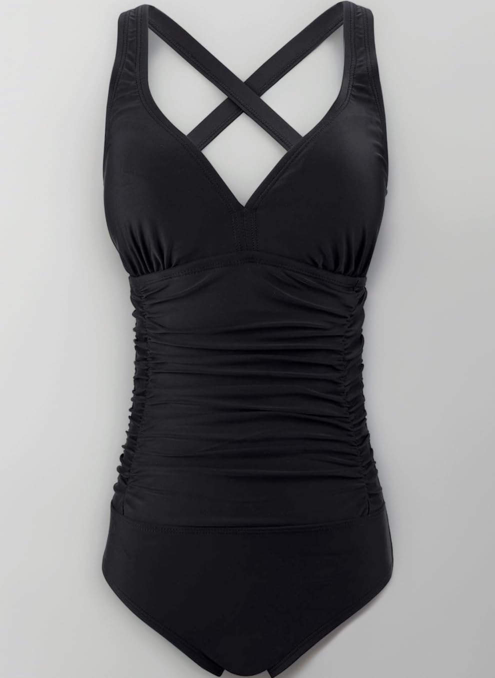Swimming Costume Women Ruched Tummy Control Swimwear V Neck One Piece Cross Strap Swimsuit