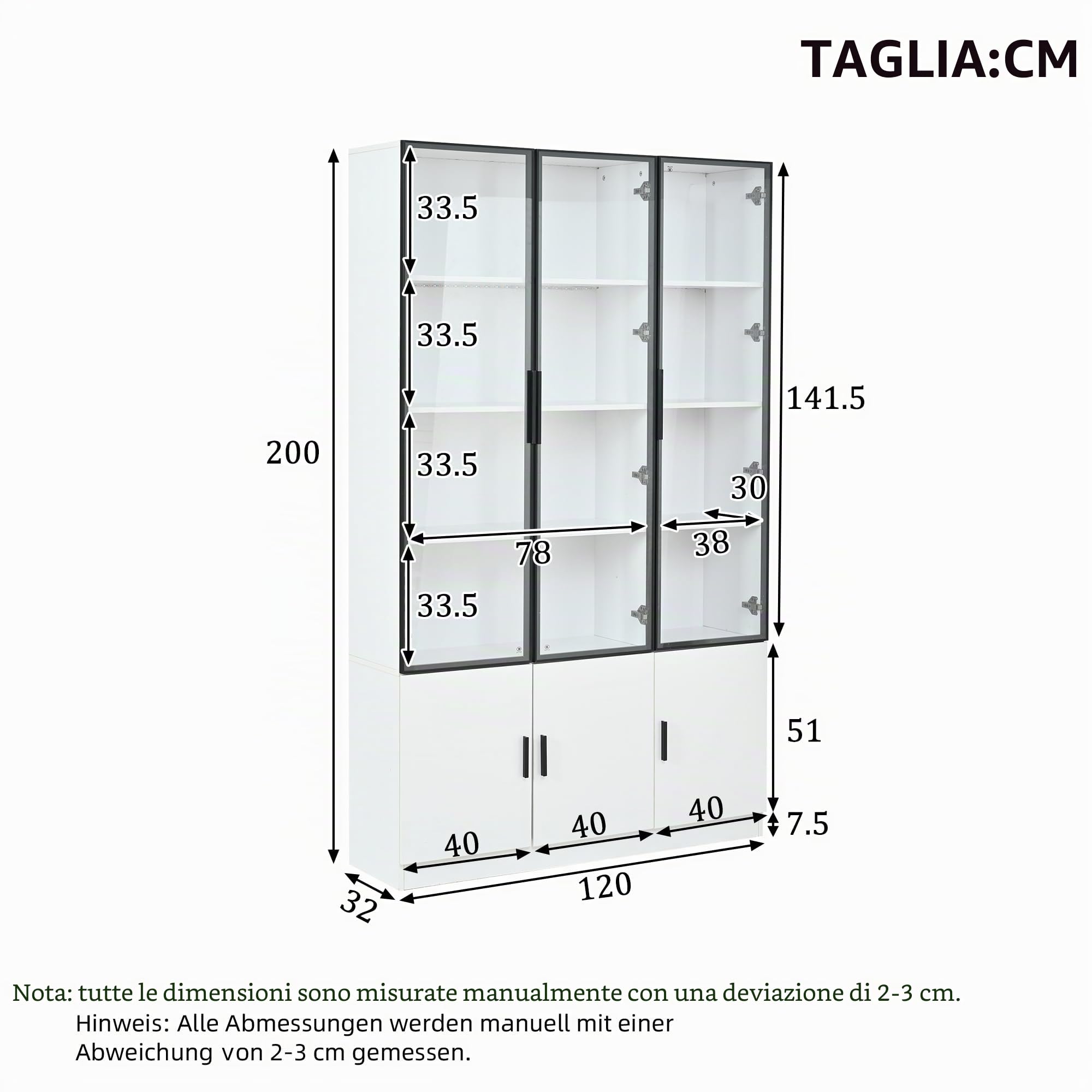 Vetrina con 6 ante dell'armadio, vetrina in vetro con LED, 120 cm di larghezza, armadio multifunzione, grande armadio bianco (120 x 32 x 200 cm)