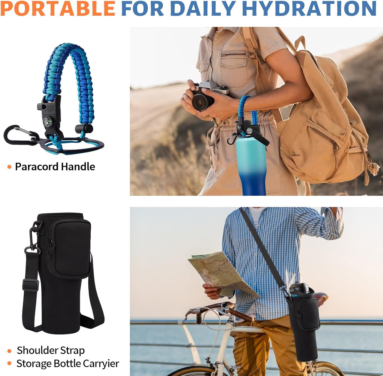 32oz Insulated Water Bottle with Straw - Keep Cold 48h or Hot 24h, Vacuum Stainless Steel Tumbler Metal Flask w/Survival Paracord Handle & Carrier Bag, T-shape Coffee Cup Fit Car Cup Holder - Image 5