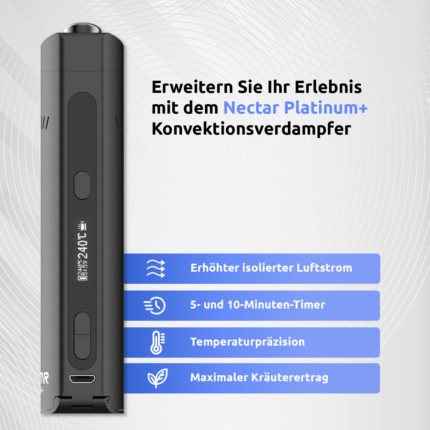 Nectar Platinum+ Vaporizer für Kräuter und Extrakte | 3 Jahre Garantie | 3 D Heiztechnik mit 10-Session Batterie, Präzise Temperaturregelung, Einstellbarer Luftstrom, Keine Kunststoffteile