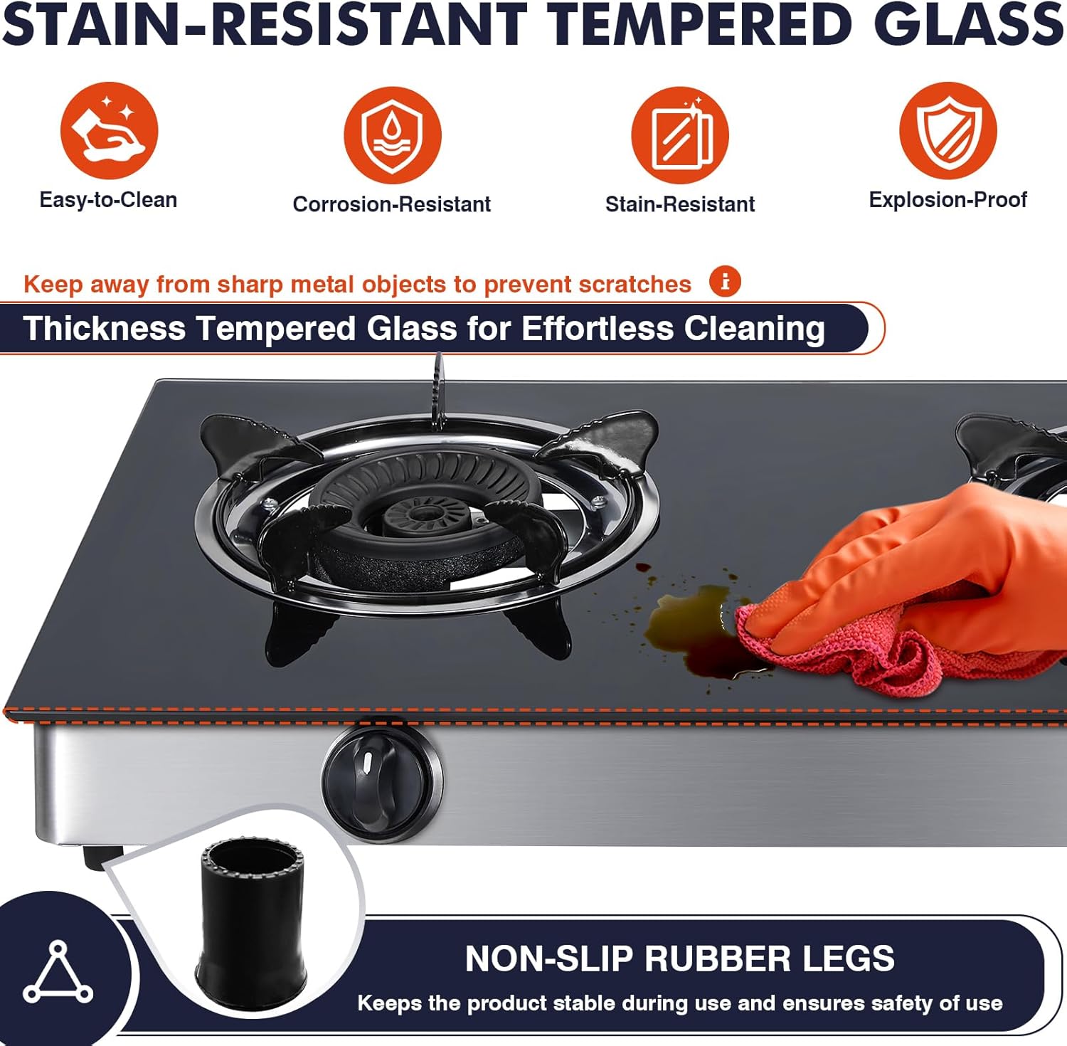 Llamaviva Propane Stove 2 Burner Gas Cooktop, Portable Tempered Glass Double Burner Stove with Auto Ignition, 19K BTU CSA Certified Regulator & Hose(2-Burner Cooktop)