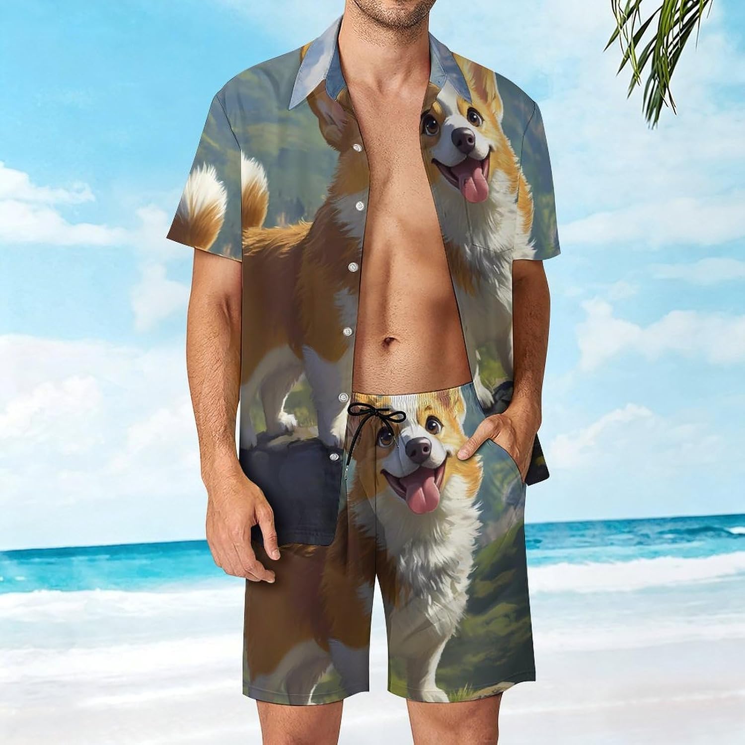 Corgi Dog Standing on Mountains Men's Summer Beach 2 Piece Outfits | hawaiian button down shirt and shorts,vacation cruise,mens bathing suit