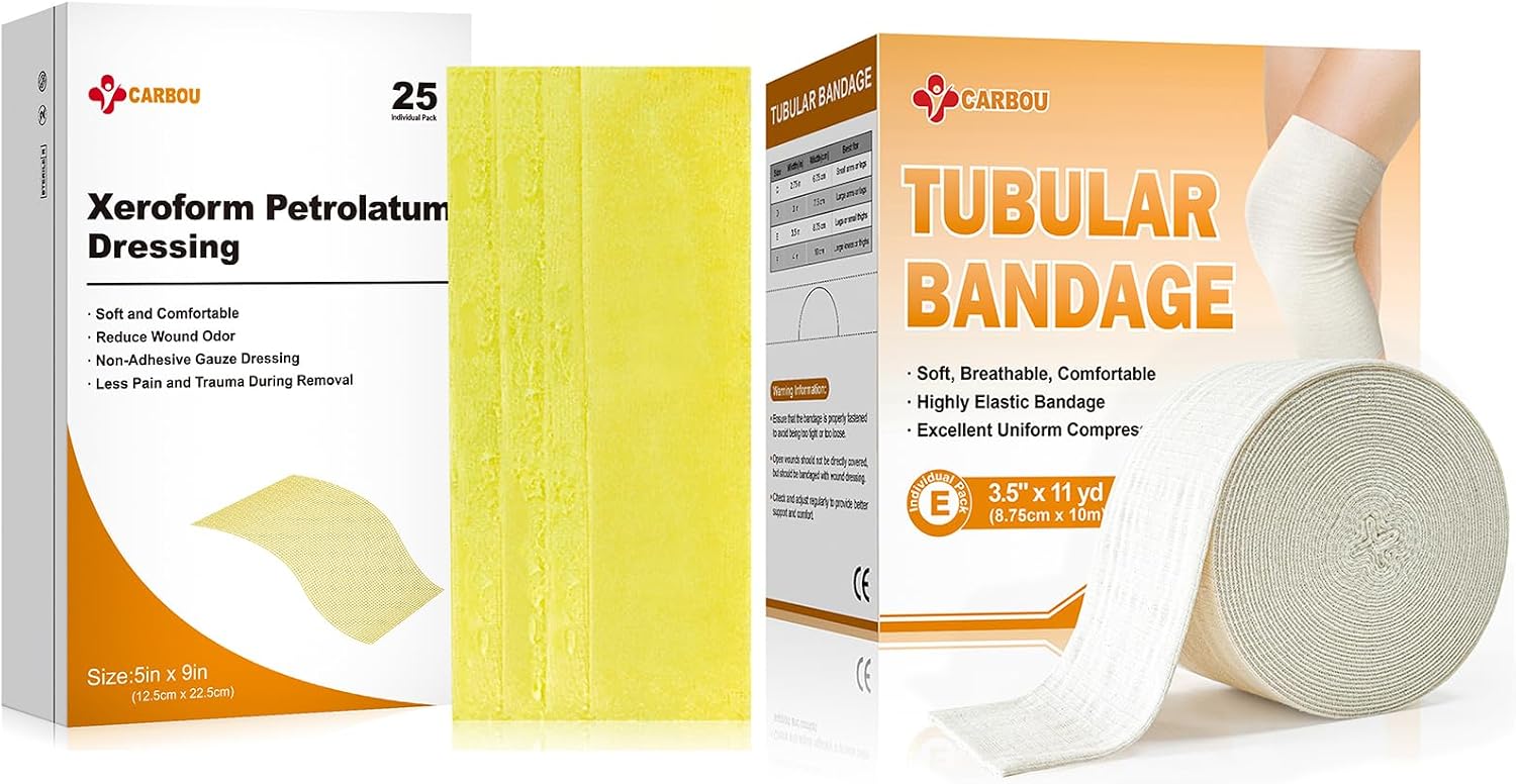 Carbou Medical Xeroform Petrolatum Dressing 5"x9" (Pack of 25)+Elasticated Tubular Support Bandage 3.5" x 11 yd (Size E)