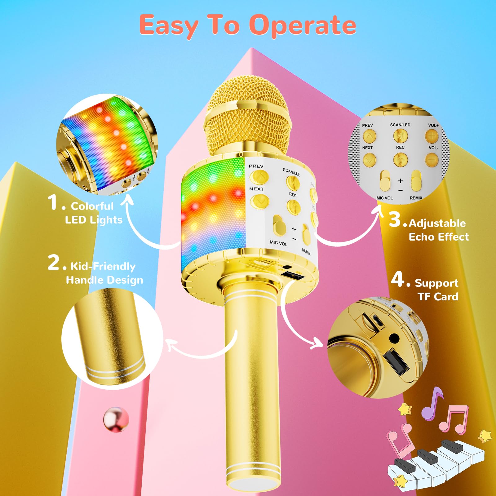 Ankuka Microfono Karaoke Bluetooth Wireless Microfono Bambini Regalo per Bambini 3-12 Anni Microfono Giocattolo Cambia Voce, Compatibile con Android, iOS, PC Oro