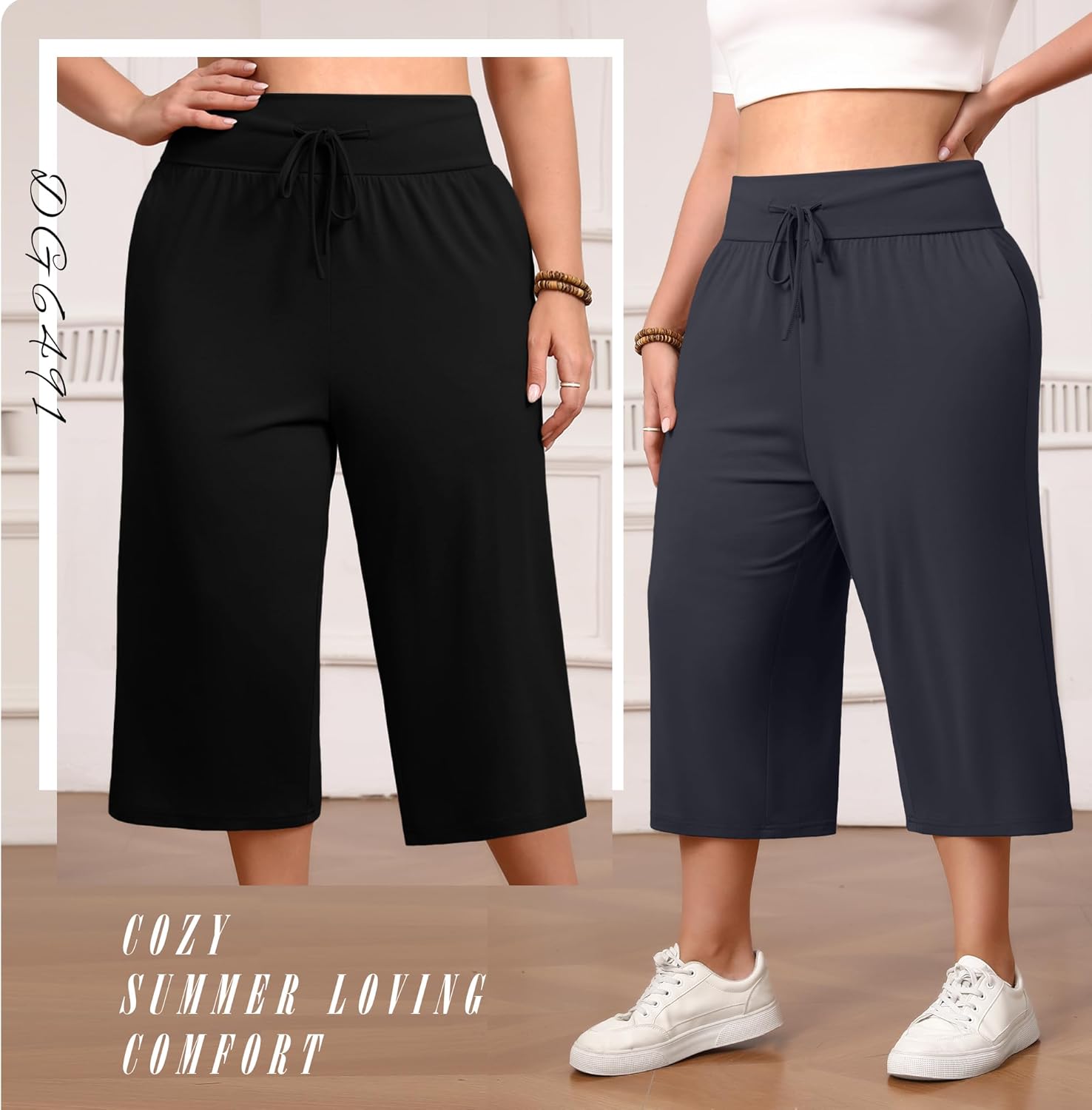 Neer 3 Pack Women's Capris Plus Size Yoga Lounge Pants Wide Leg High Waist Drawstring Cropped Sweatpants with Pockets - Image 4