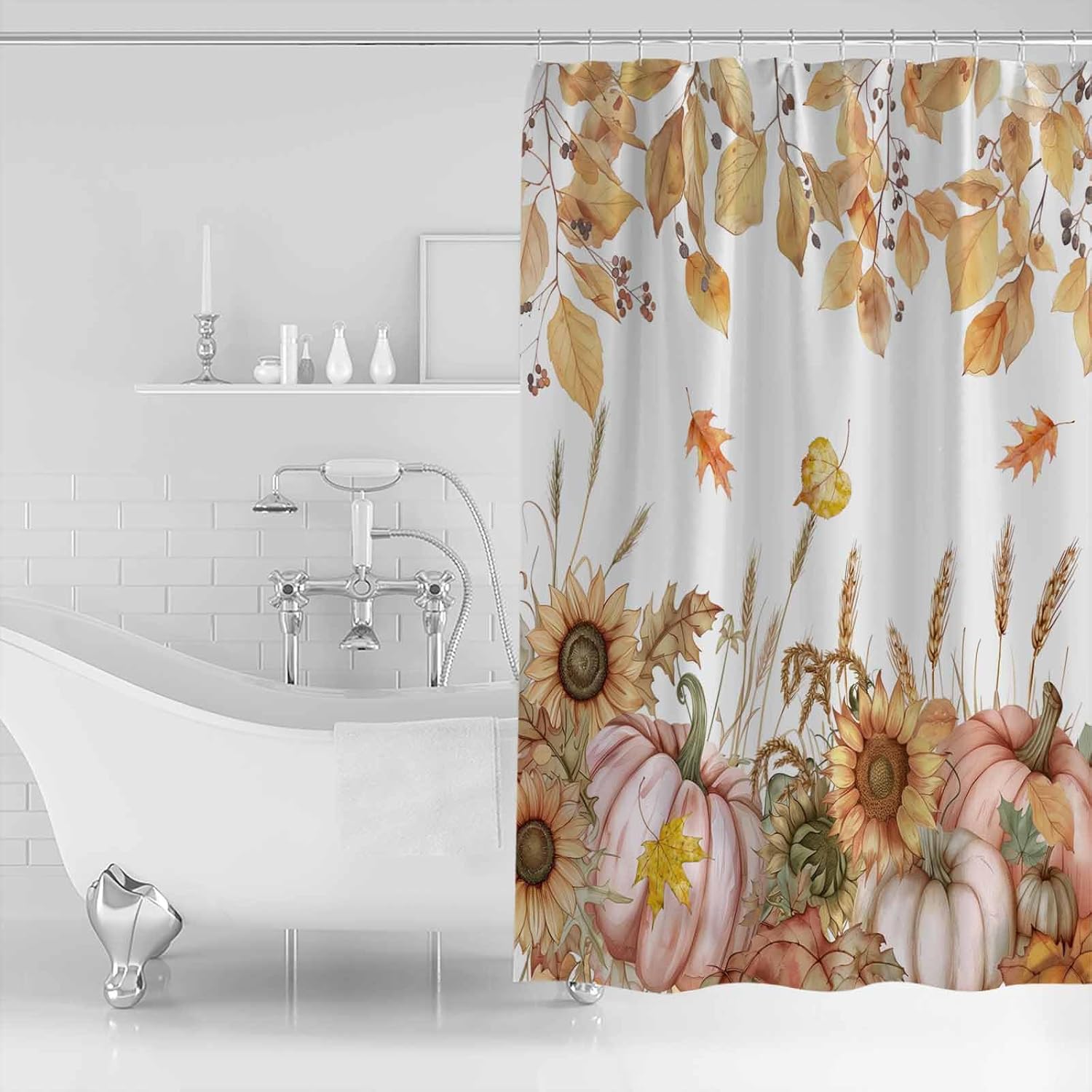 Fall Shower Curtain, Pumpkin Sunflowers Thanksgiving Bathroom Shower Curtains, Seasonal Pumpkin Leaves Wheat Shower Curtain with Hooks Polyester Waterproof Home Bathtub Decor, 48" x 72"