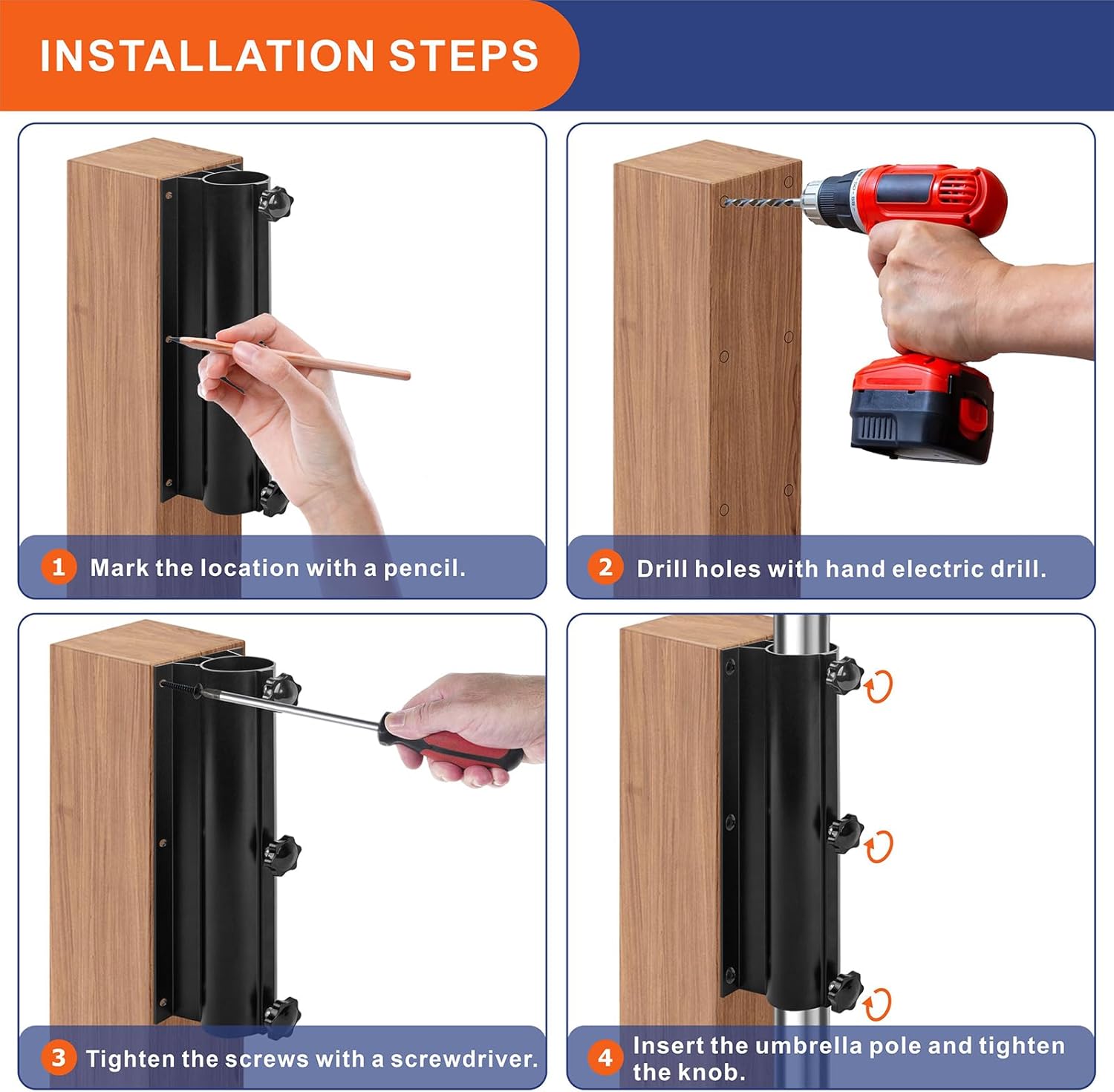 Patio Umbrella Holder, Umbrella Clamp Mount Bracket, Outdoor Umbrella Base, Deck Mount Umbrella Stand, Attaches to Railing Maximizing Patio Space and Shade