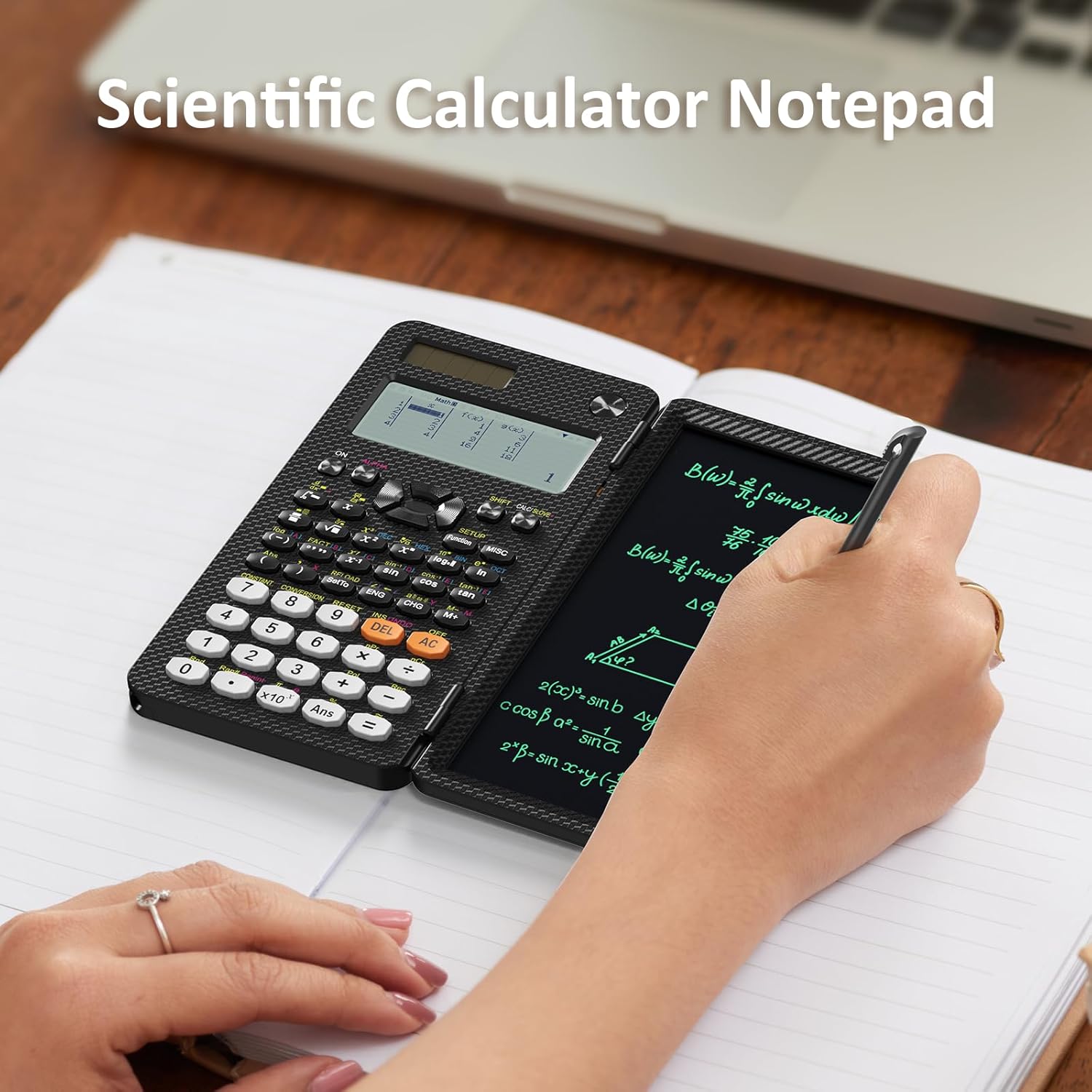 Person writing on the integrated tablet of the NEWYES Scientific Calculator